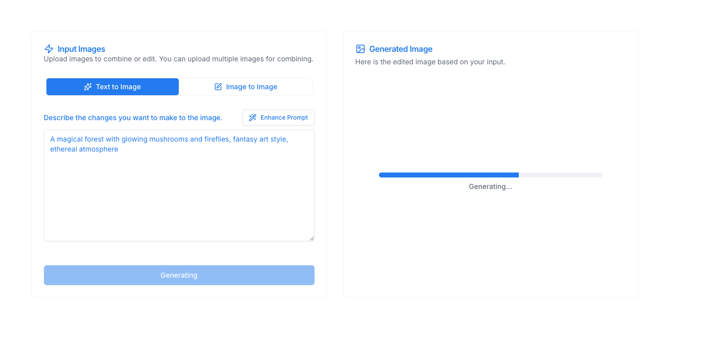 Generation Process - Screenshot showing the generation in progress with progress indicator, status message, and the prompt input field with Generate button