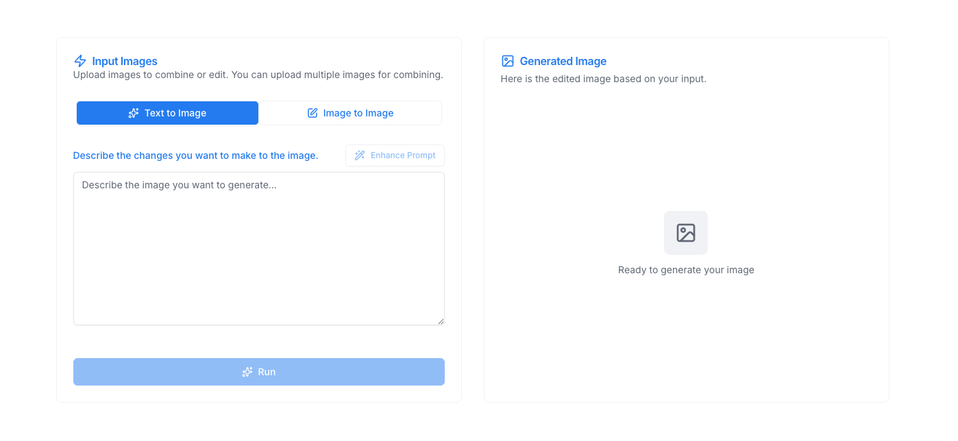 Image Editor Interface - Screenshot showing the main editor page with mode selector buttons (Text-to-Image and Image Editing) and the prompt input area