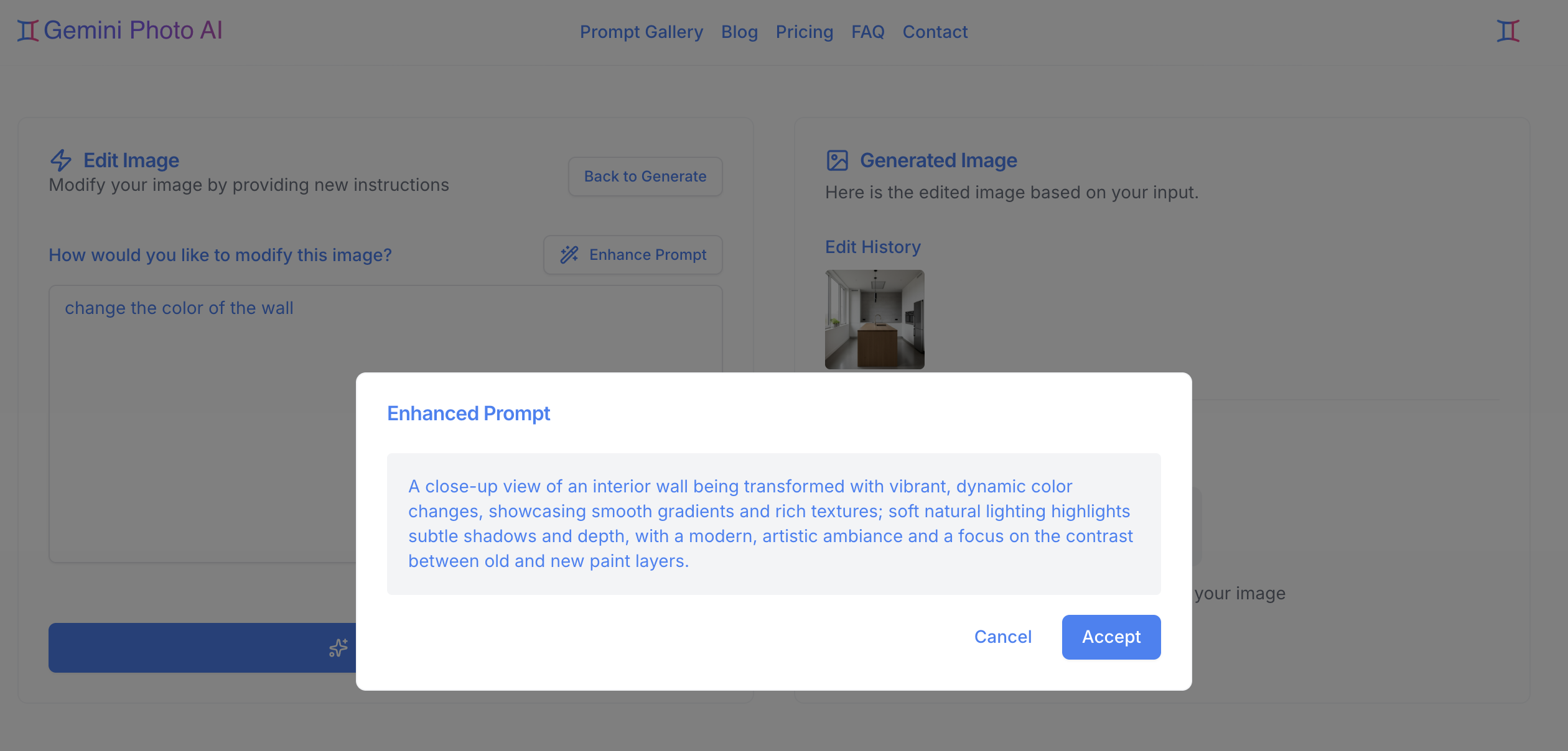Prompt Enhancer Interface - Screenshot showing the prompt enhancer dialog with original prompt on the left and enhanced prompt on the right, with options to use enhanced, keep original, or edit