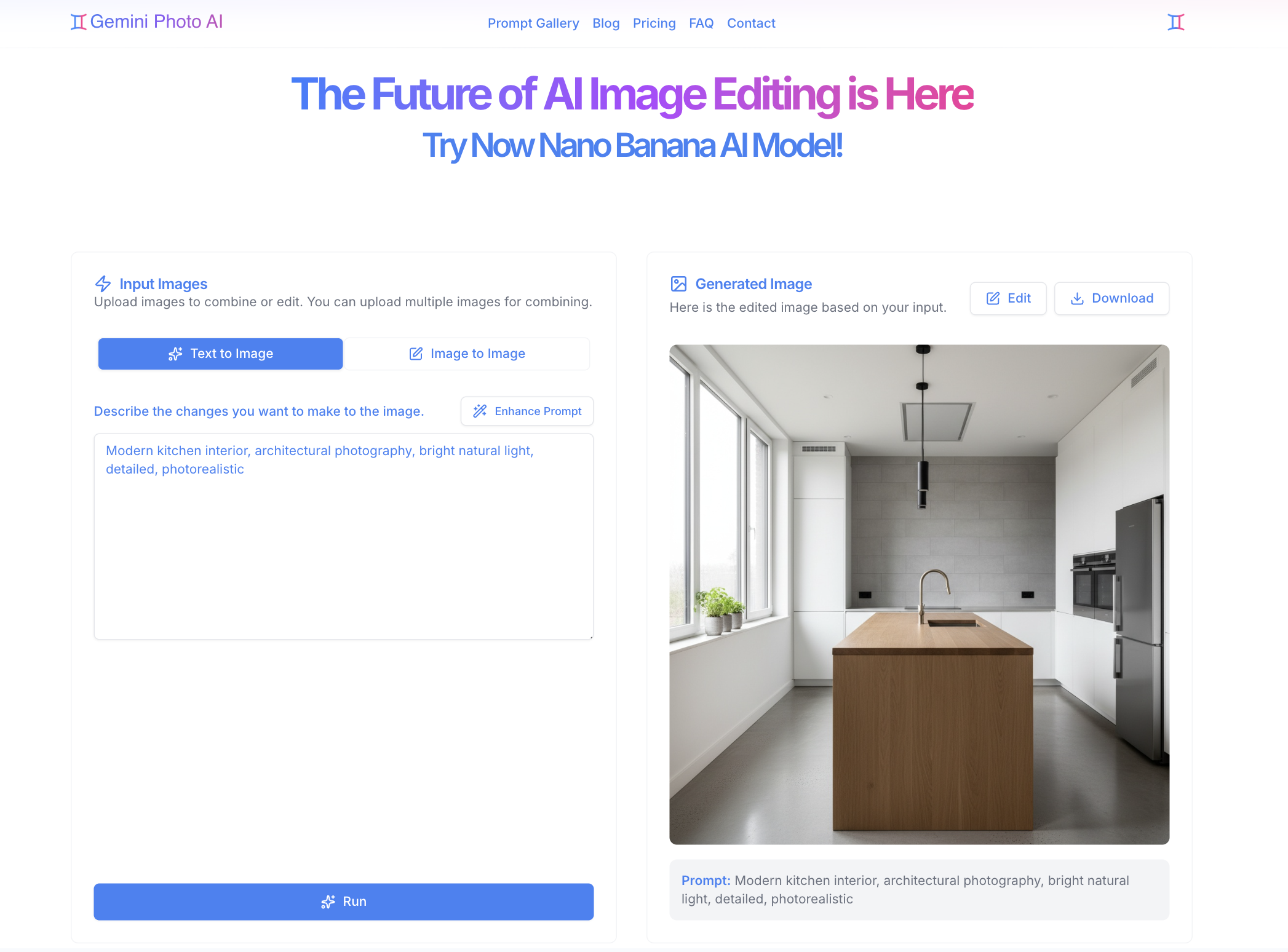 Text-to-Image Examples - Three example images generated from text prompts showing a futuristic cityscape, modern office, and abstract art, demonstrating text-to-image capabilities